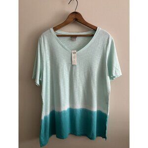 Chico’s Ombré Short Sleeve Shirt Cotton Blue White Large Beach Coastal Basic NEW